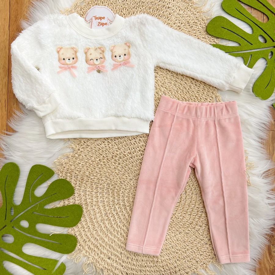  Conj. Casaco de Pelinho Três Ursinhas e Calça de Veludo - Off White e Rose